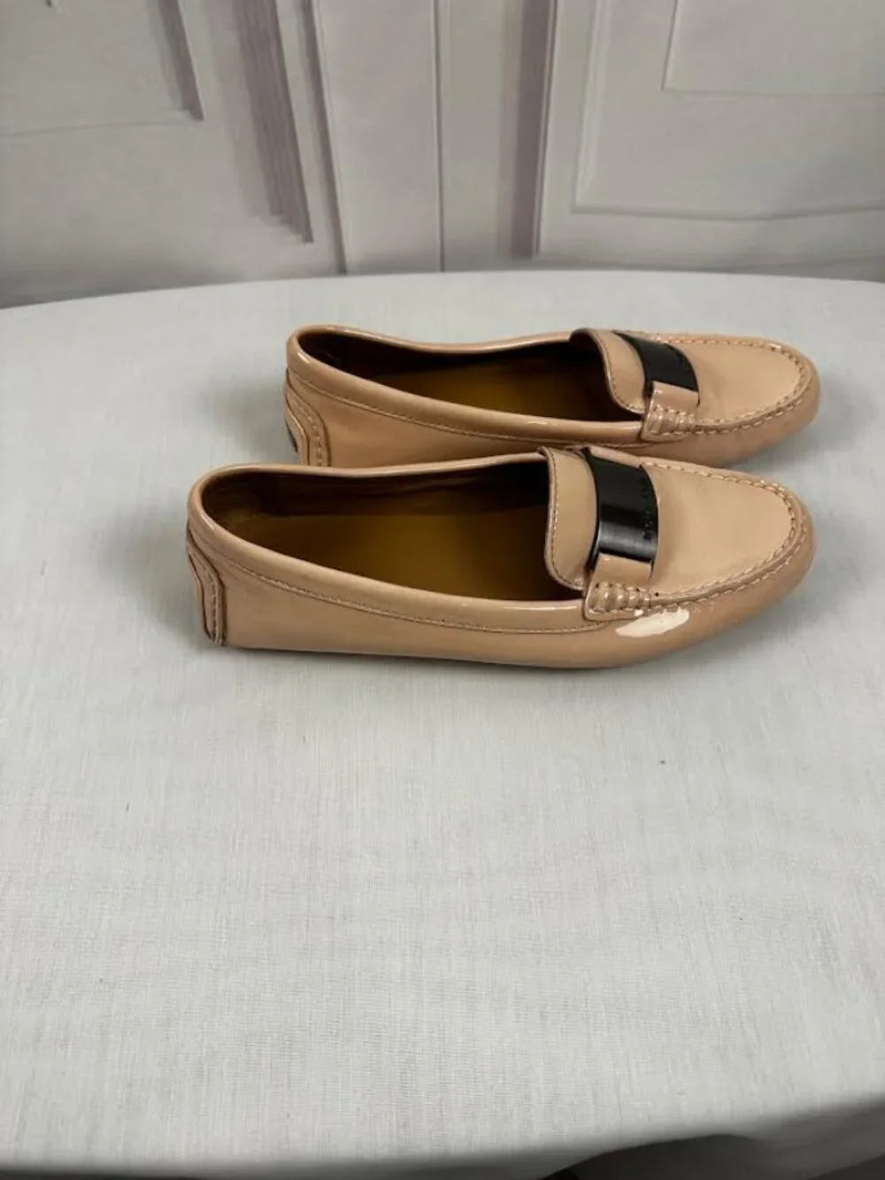 Calvin Klein Nude Patent Leather Loafers with Silver Hardware